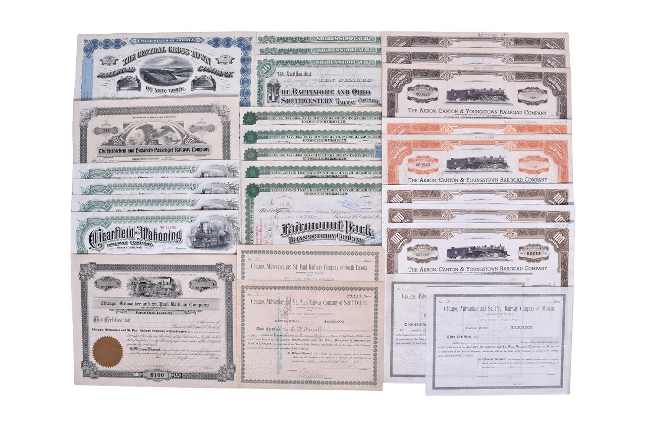 4706 - Twenty-Eight Railroad Stock Certificates - Akron, Canton & Youngstown, Milwaukee Road, Clearfield & Mahoning, and More thumbnail