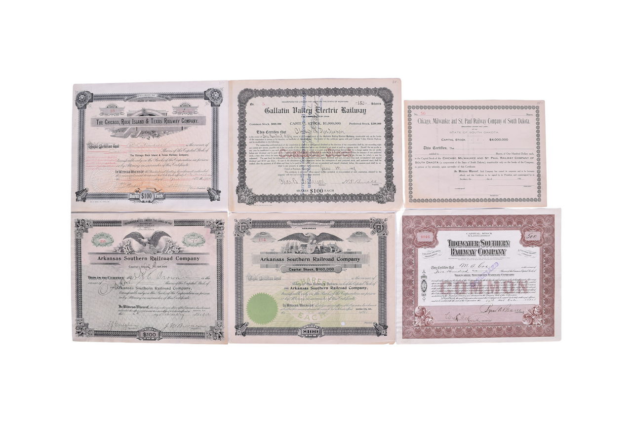 4707 - Six Western Railroad Stock Certificates - Tidewater Southern, Arkansas Southern, Gallatin Valley Electric Railway, and More thumbnail