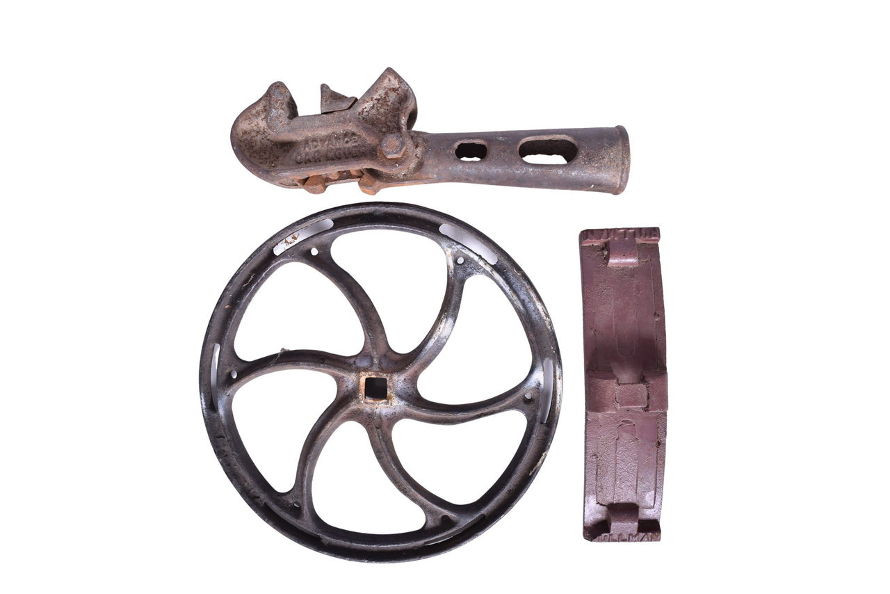 4709 - Cast Iron Pullman Railroad Brake Shoe, Hand Brake Wheel, and Advance Car Mover thumbnail