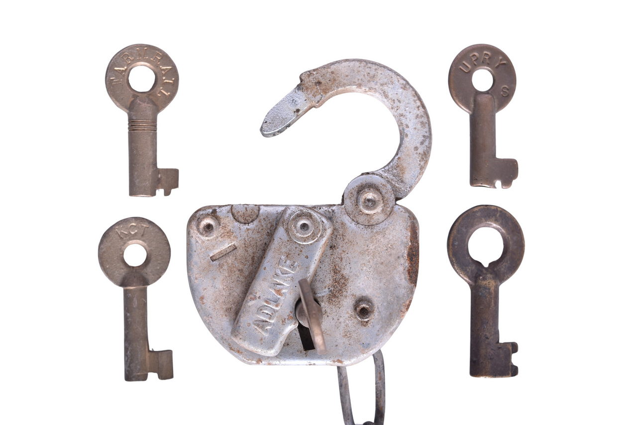 5115 - Five Western Railroad Brass Keys and Steel Lock - FarmRail, Kansas City Terminal, Union Pacific, and More thumbnail