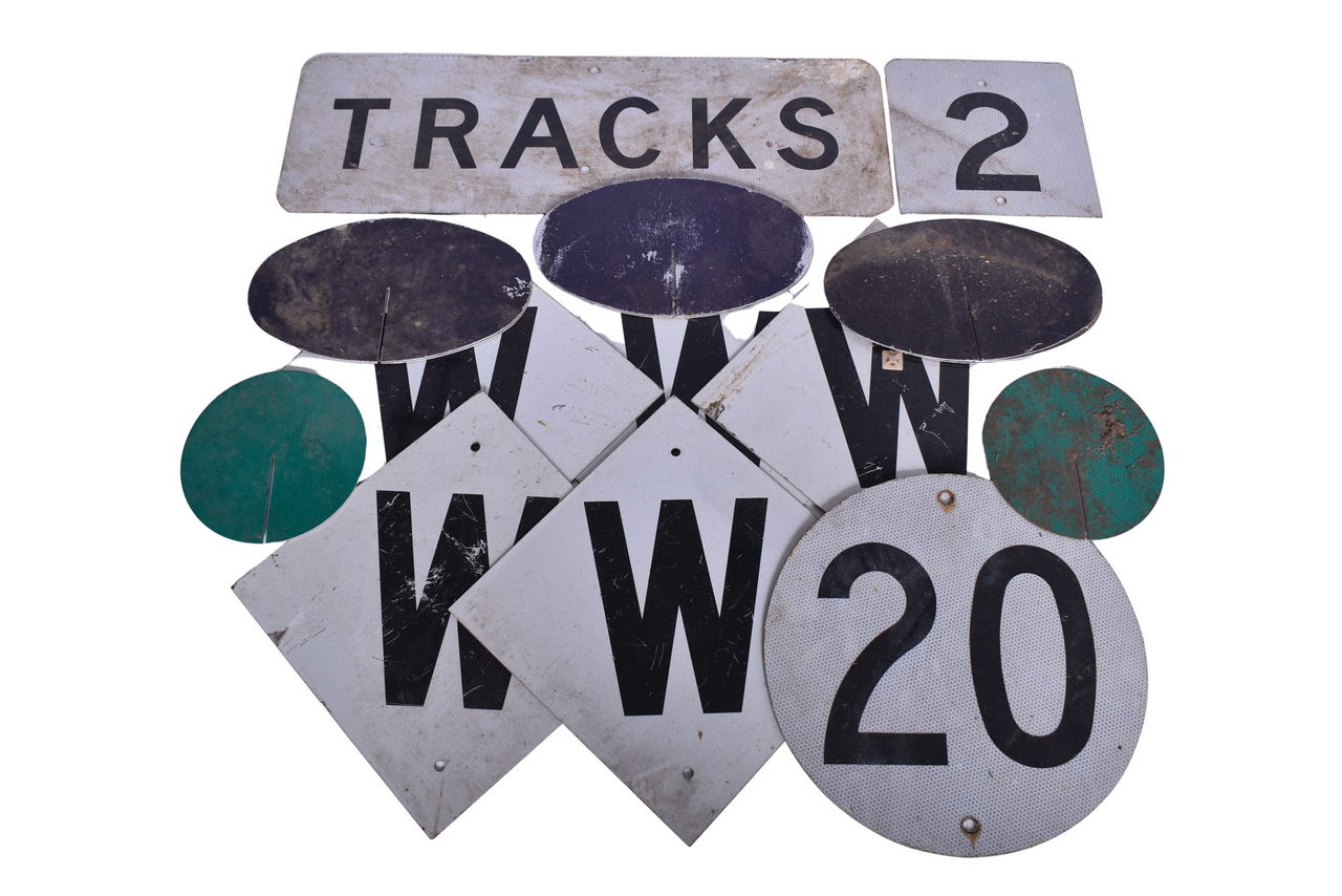 5145 - Seventeen Aluminum Railroad Signs - Whistle, Tracks, Indicator Signs, Etc. thumbnail