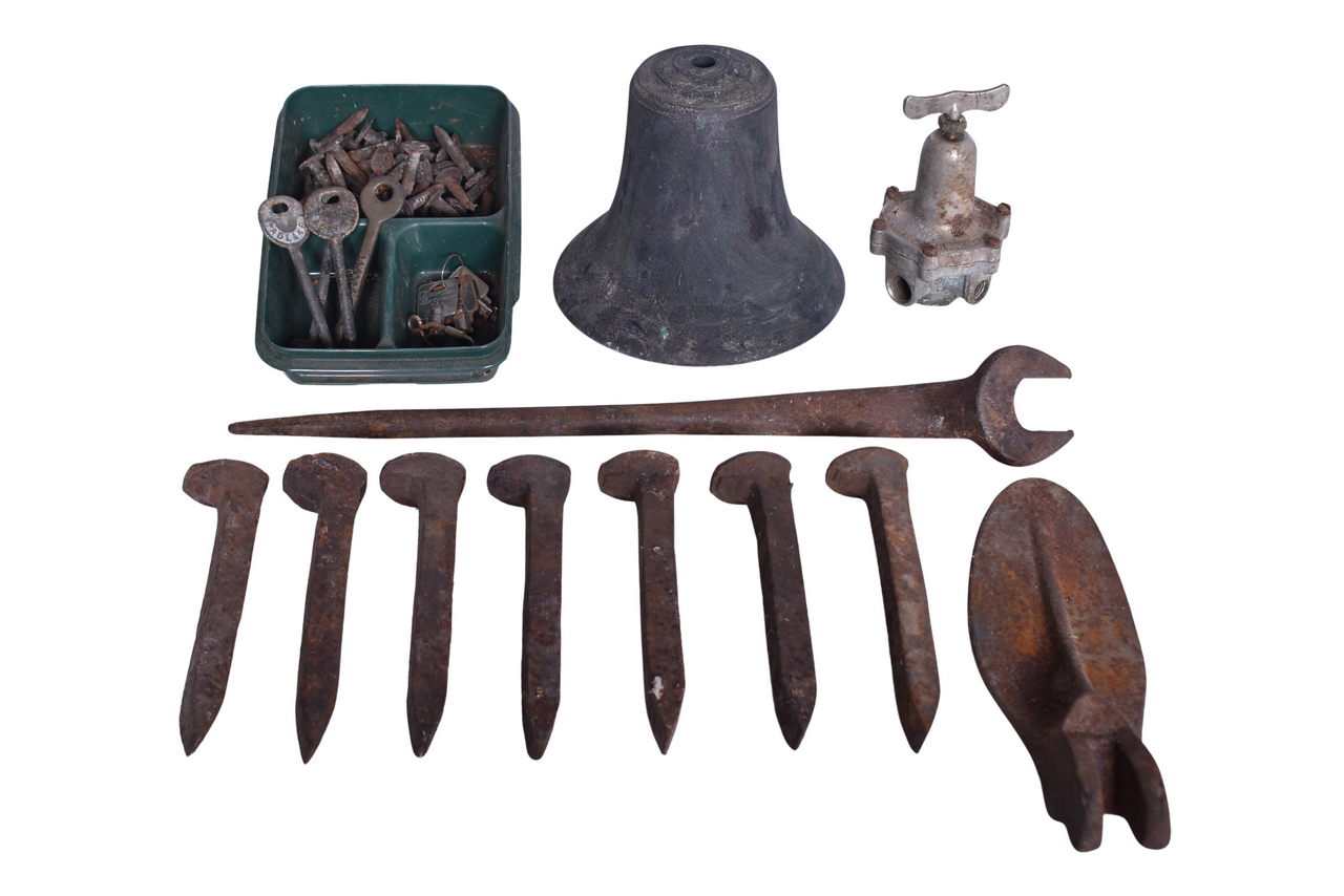 5147 - Mixed Railroad Group - Pennsylvania Brass Post Bell, Wrench, Spikes, Date Nails, Keys, Etc. thumbnail