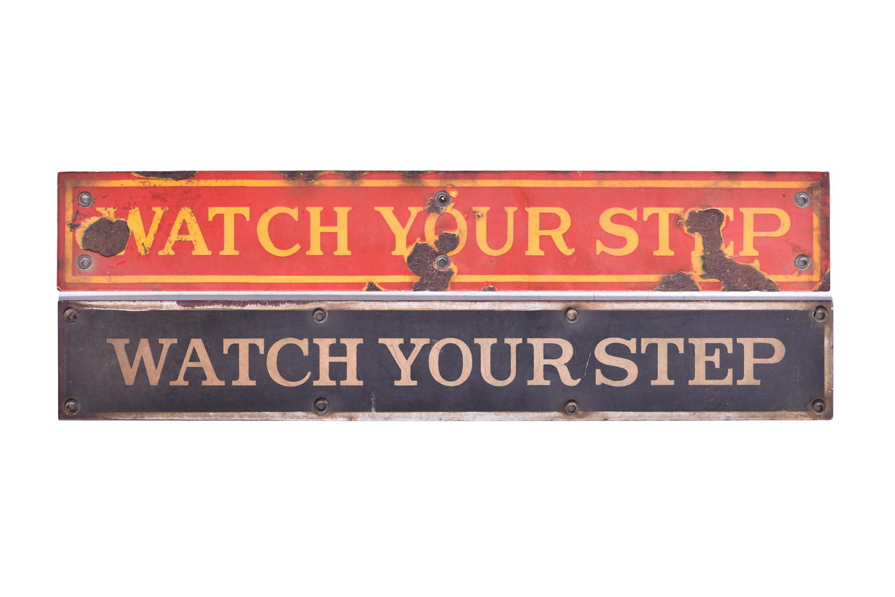 5166 - Pair of Porcelain Watch Your Step Passenger Car Step Signs thumbnail