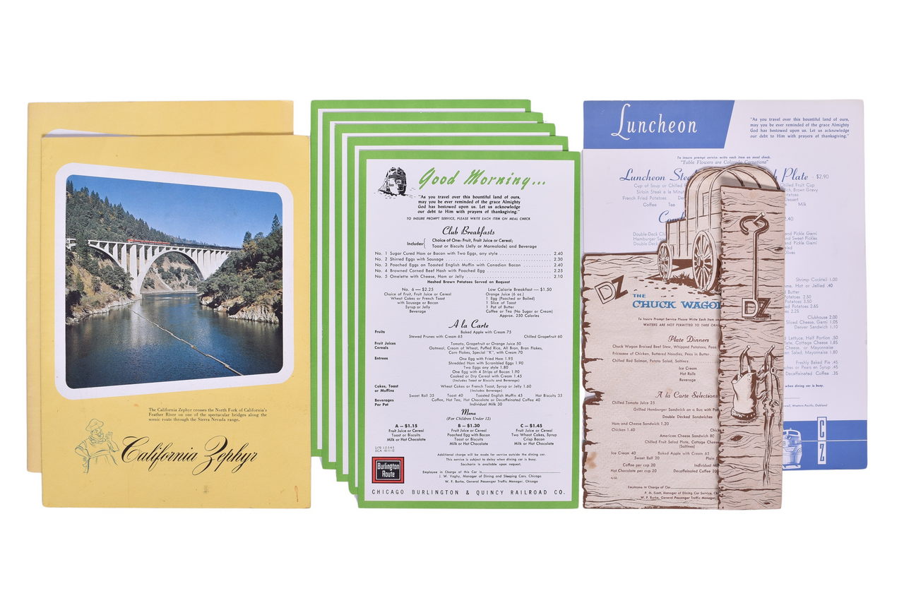 5175 - Nine Chicago, Burlington & Quincy Railroad Menus - Denver Zephyr Chuck Wagon and California Zephyr thumbnail