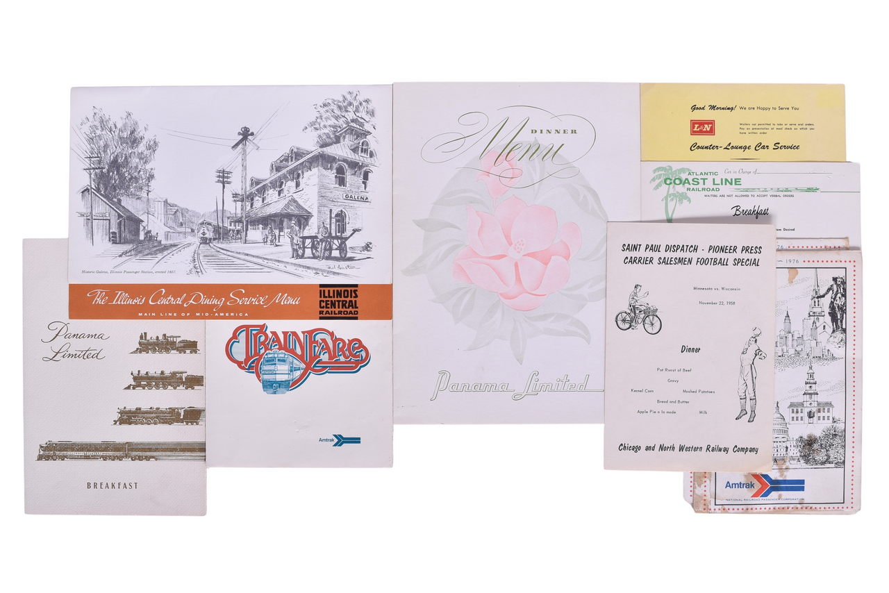 5177 - Nine Railroad Dining Car Menus - Chicago & North Western, Atlantic Coast Line, Louisville & Nashville, Amtrak, and Illinois Central thumbnail