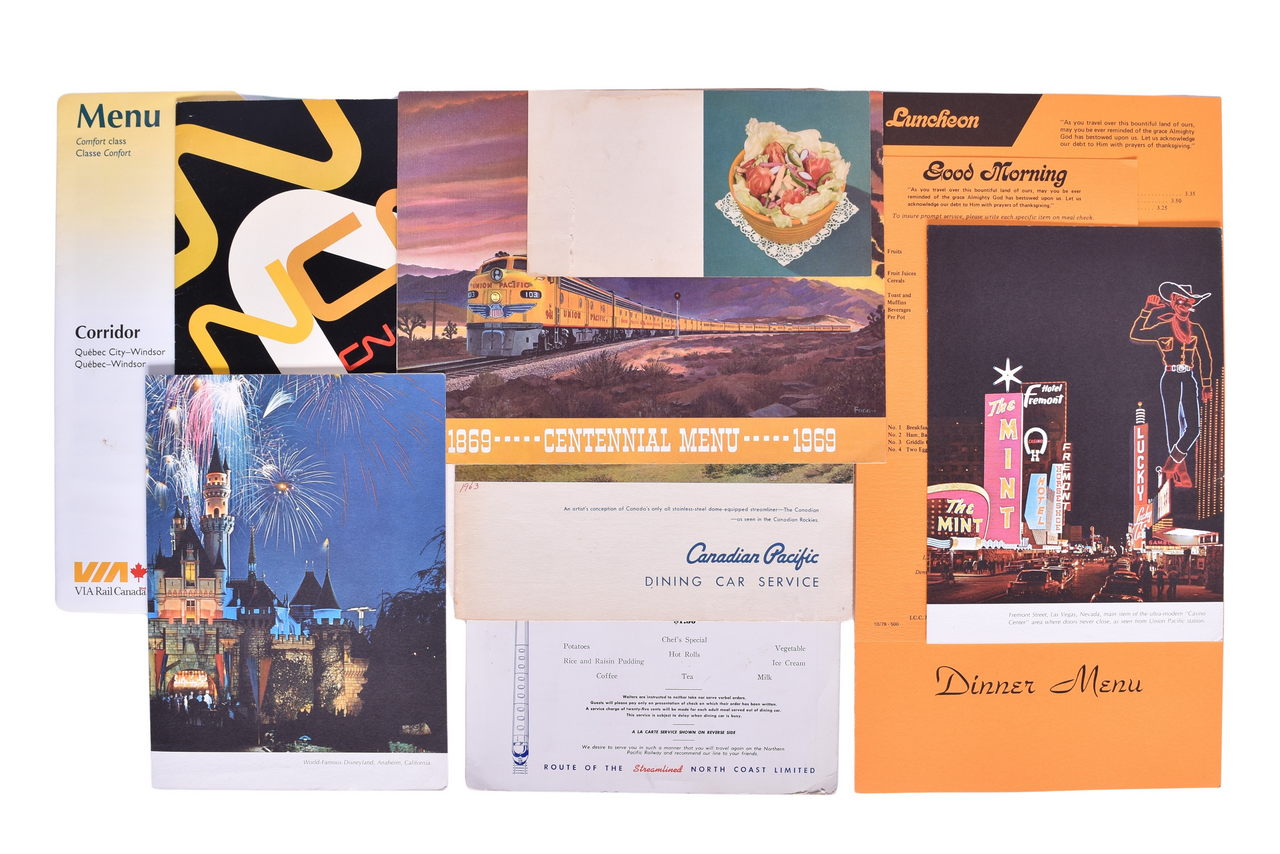 5183 - Twelve Railroad Dining Car Menus - Northern Pacific, Union Pacific, Rio Grande, Canadian Pacific, VIA, and Canadian National thumbnail
