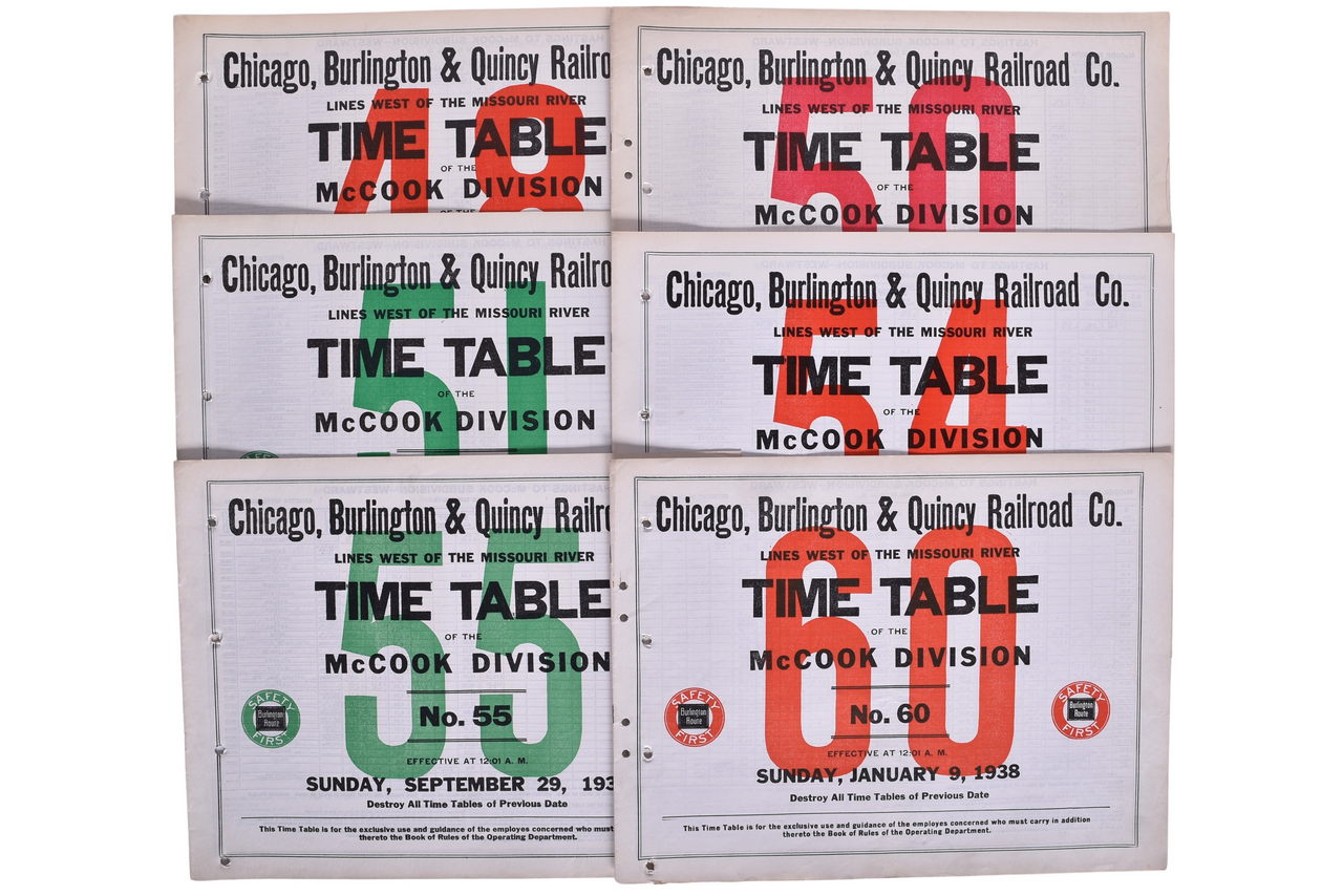 5207 - Six Chicago Burlington & Quincy Railroad Employee Large Format Timetables for McCook Division thumbnail