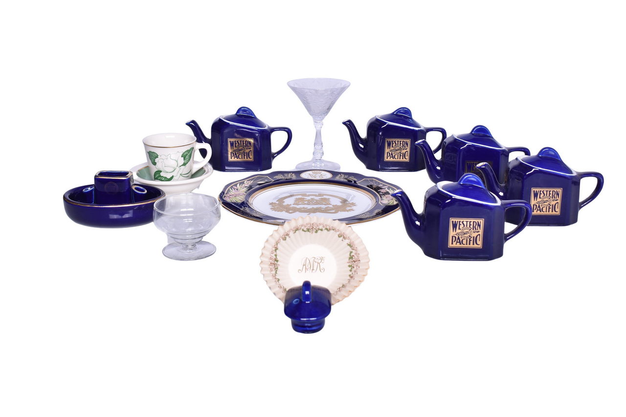 5226 - Mixed Group of Railroad China, Glassware, and Reproduction Teapots - Missouri Pacific, Milwaukee Road, VSOE, and More thumbnail