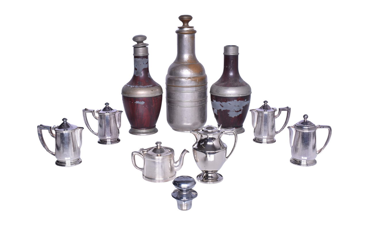 5230 - Chicago, Milwaukee & St. Paul Railway Icy Hot Thermos, Stanley Ferrostat, Assorted Silver Teapots, and Syrup Pitcher thumbnail