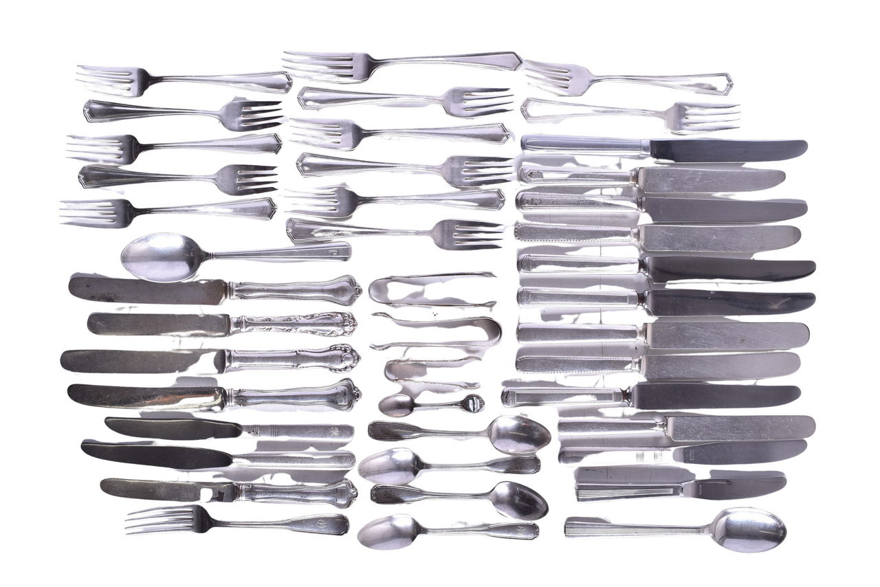 5232 - Assorted Flatware - Sterling Silver Sugar Tongs, Railroad Marked Knives, and Silverware thumbnail