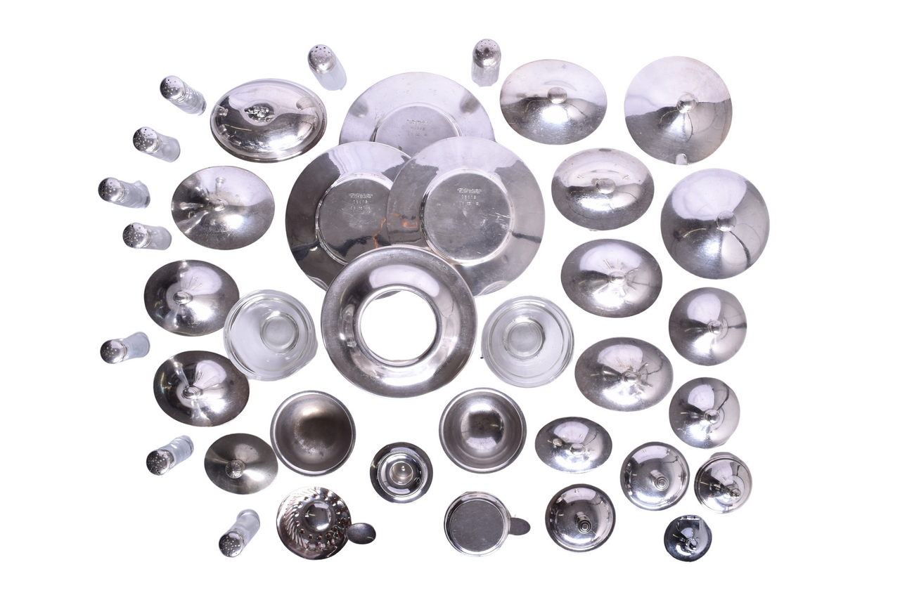 5234 - Large Collection of Silver Hollowware Lids, Under Liner Plates, Supreme Collar, Glass Bowls, and Salt Pepper Shakers thumbnail