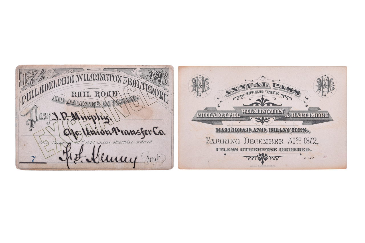 5240 - Pair of Philadelphia, Wilmington & Baltimore Railroad Annual Passes - 1872 and 1874 thumbnail