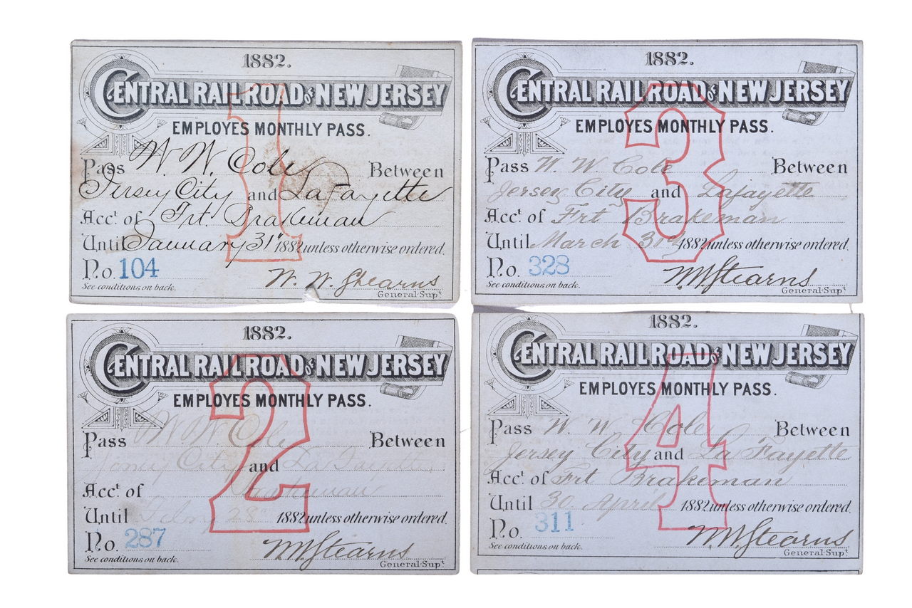 5244 - Four 1882 Central Railroad of New Jersey Employes Monthly Passes - January, February, March, April thumbnail
