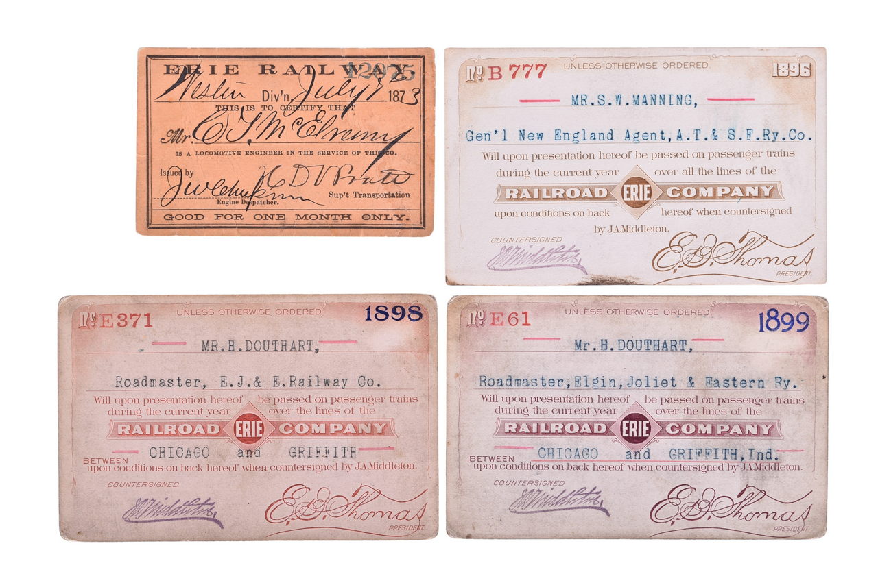5250 - Four Erie Railroad Annual and Monthly Passes - 1873, 1896, 1898, 1899 thumbnail