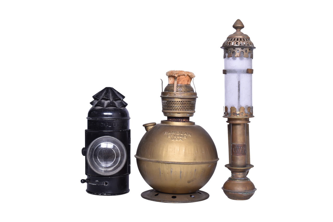 5280 - Trio of Railroad / Transportation Lanterns - Aladdin Lamp, RPO Brass Candle Lamp, Boat Signal thumbnail