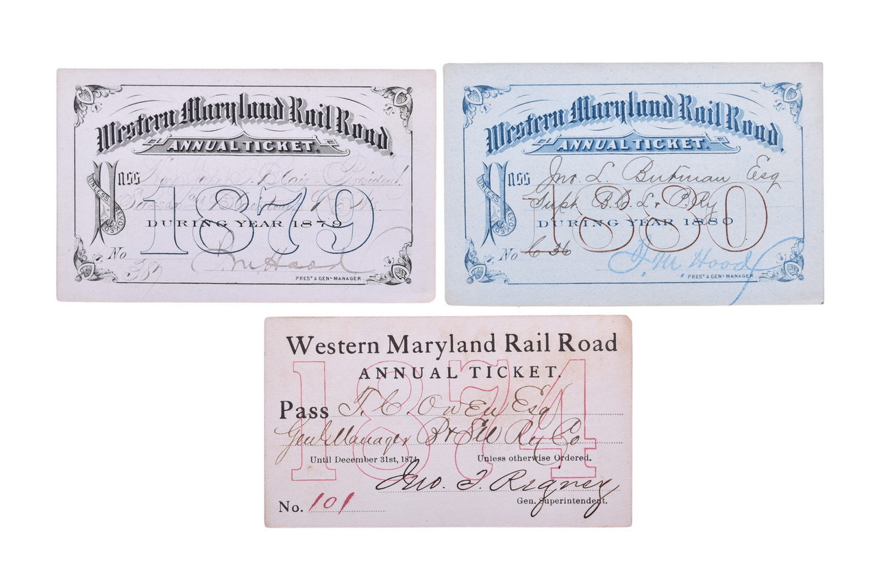 5283 - Three Western Maryland Railroad Annual Ticket Passes - 1874, 1879, 1880 thumbnail