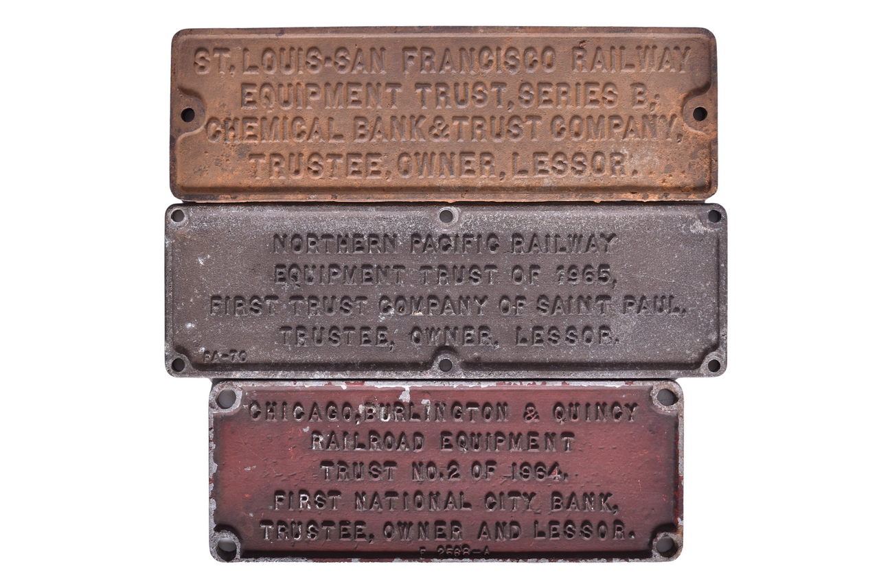 5331 - Three Railroad Equipment Trust Plates - Chicago Burlington & Quincy, Northern Pacific, and St. Louis-San Francisco thumbnail