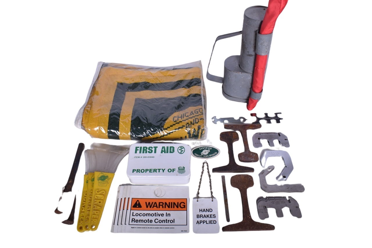 5338 - Railroad Memorabilia Lot - Chicago and North Western Blanket, Flag Kit, Ice Scrapers, Sticker thumbnail