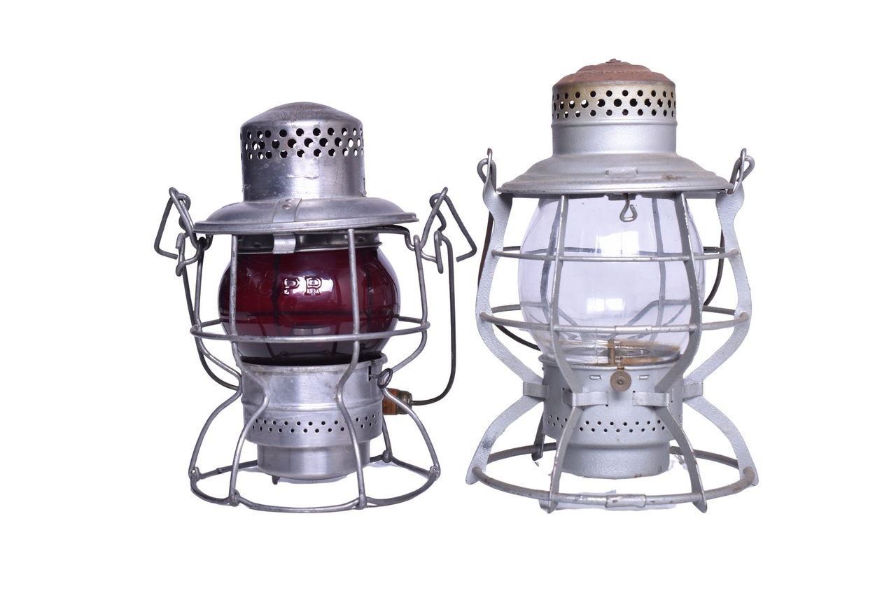5403 - Pair of Railroad Lanterns - Canadian Pacific Hiram Piper w/ Red Cast Short Globe and Adlake 