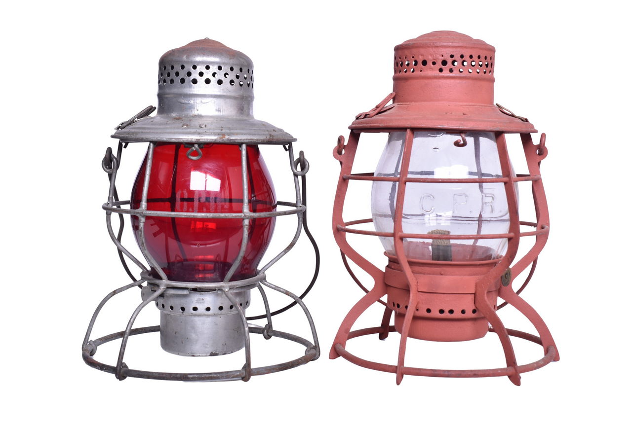 5407 - Pair of Canadian Pacific Railroad Lanterns - Handlan Etched Red Globe and E.T. Wright Clear Cast Tall Globe thumbnail
