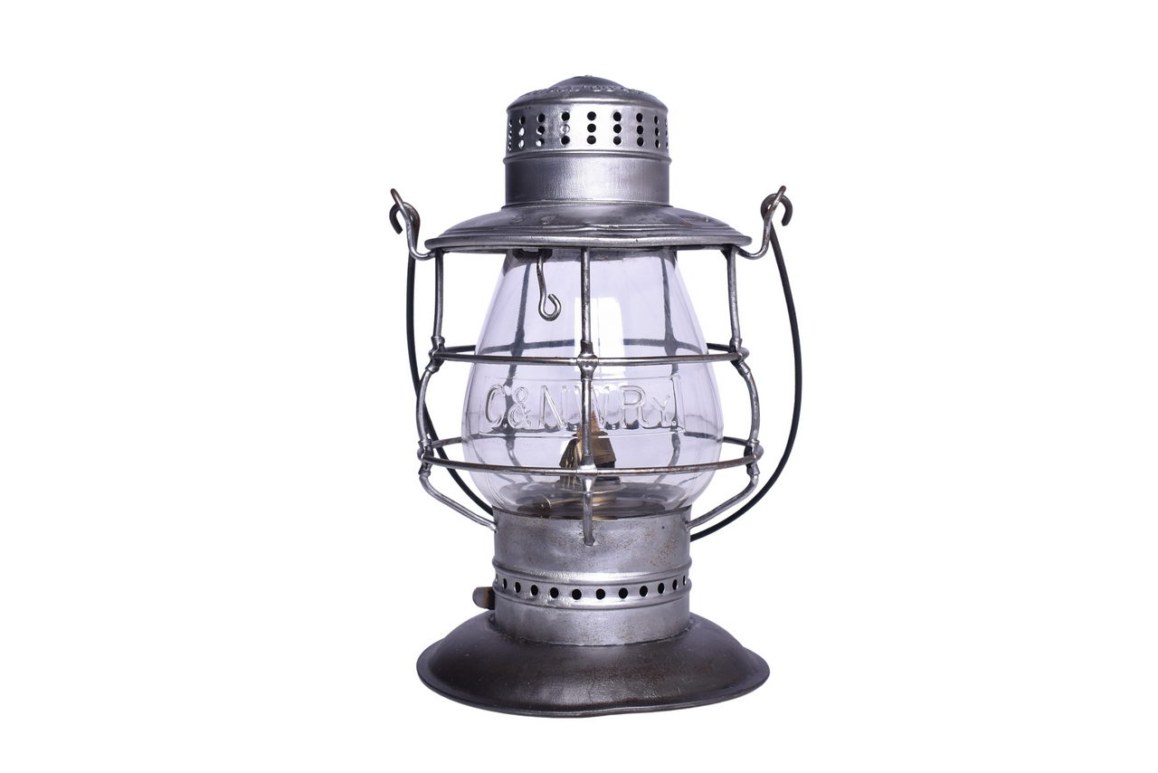 5455 - Prier Brass Bell Bottom Lantern w/ Chicago and North Western Railway Clear Cast Extended Base Tall Globe thumbnail
