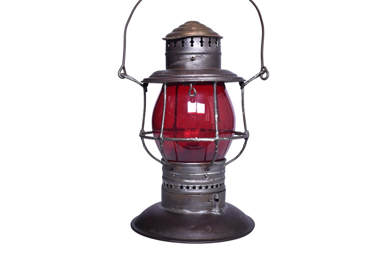 5461 - Milwaukee Road Brass Top Bell Bottom Railroad Lantern w/ Red Cast Tall Globe thumbnail