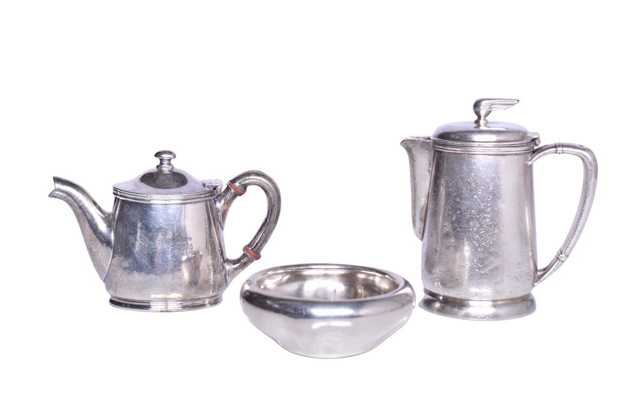 5475 - Three Pieces of Southern Railway Dining Car Silver - Coffee Pot, Teapot, and Fingerbowl thumbnail