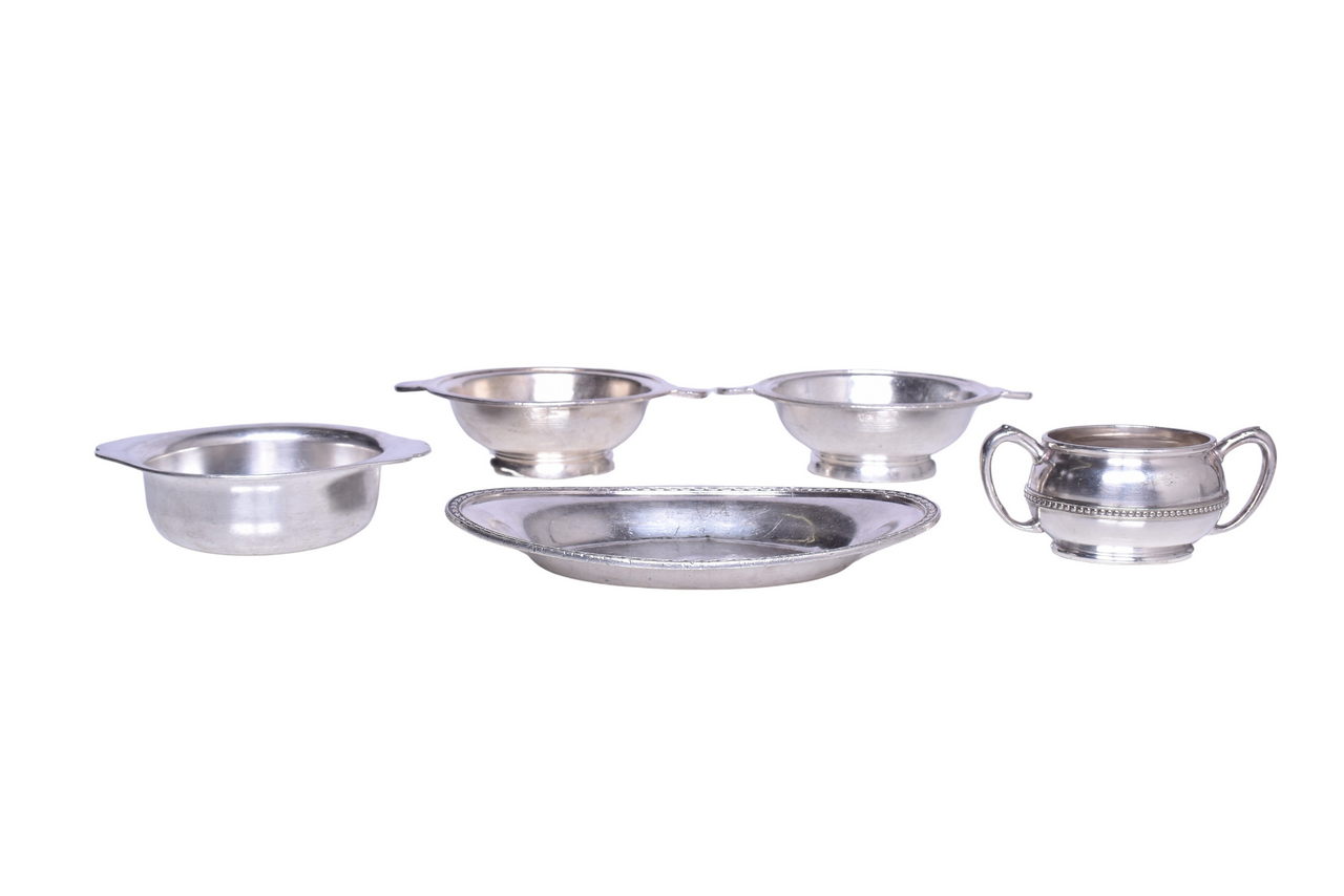 5479 - Five Pieces of Missouri Pacific Railroad Dining Car Silver - Oval Bread Tray, Sugar Bowl, and Footed Bowls thumbnail