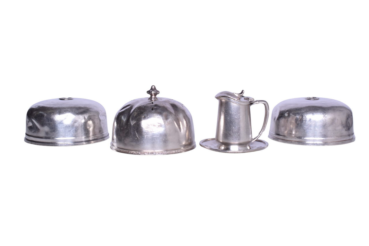 5485 - Four Pieces of Illinois Central Railroad Silver - Hot Food Covers and Syrup Pitcher w/ Attached Under-Liner thumbnail