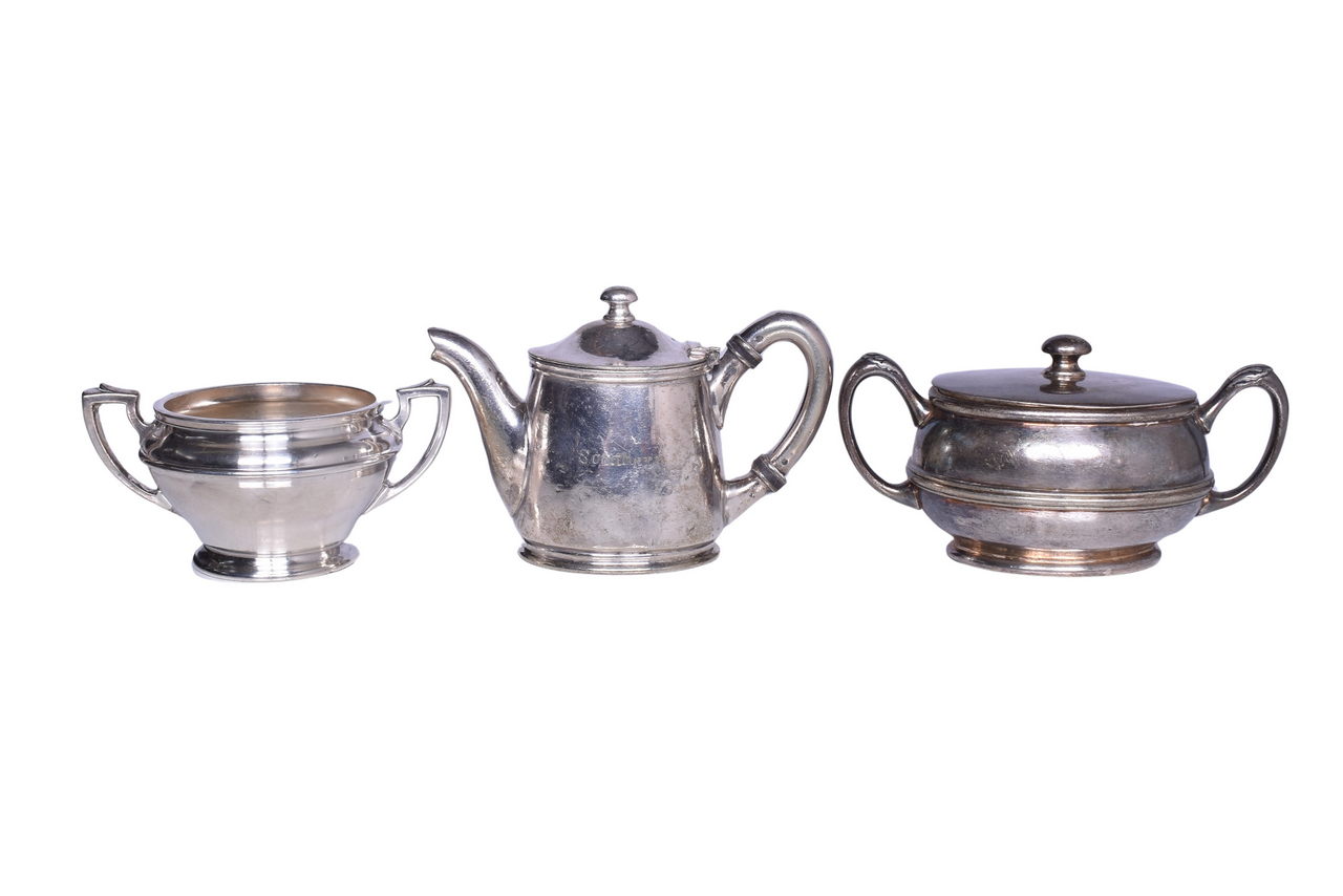 5495 - Three Pieces of Southern Railway Dining Car Silver Sugar Bowls and Individual Coffee Pot thumbnail