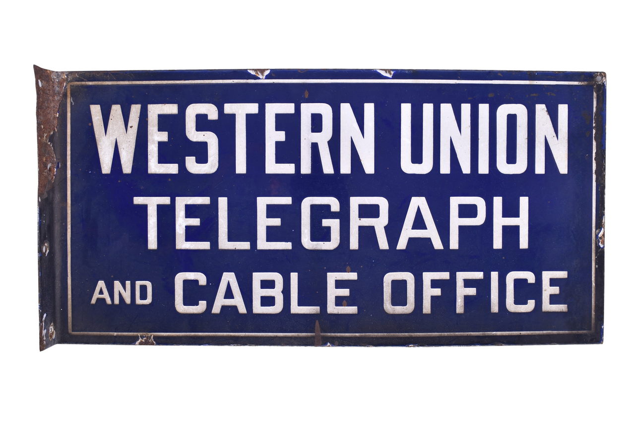 5538 - Double-sided Porcelain Western Union Telegraph and Cable Office Flange Sign thumbnail