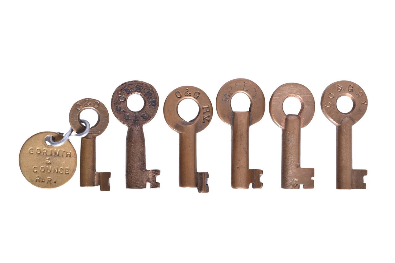5551 - Six Mississippi Lines Railroad Brass Keys - Fernwood, Columbia & Gulf, Choctaw Oklahoma & Gulf, Corinth & Counce, and More thumbnail