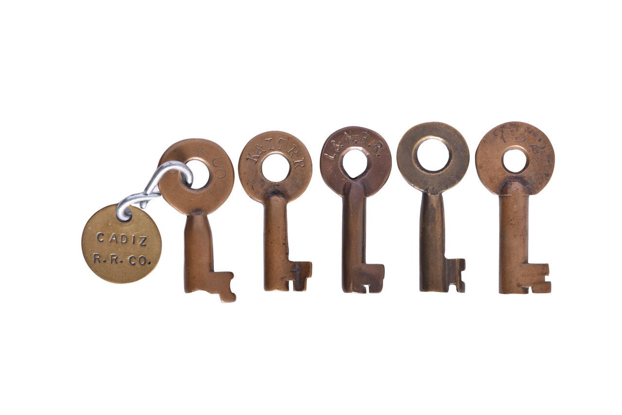 5555 - Five Kentucky Lines Railroad Brass Keys - Cadiz, Kentucky & Indiana Terminal, Louisville Cincinnati & Charleston, and More thumbnail