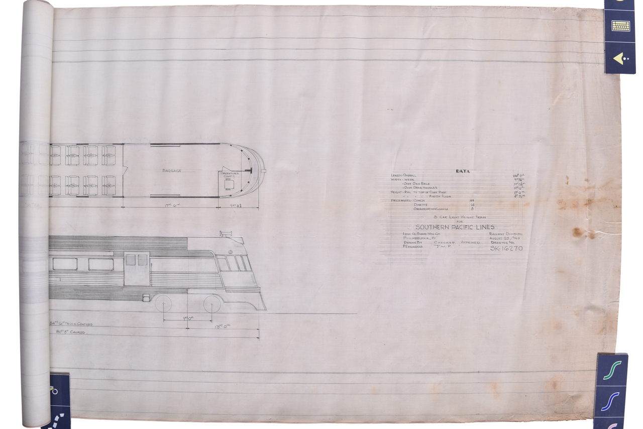 5625 - Original 1940 Budd Company Drawing for Proposed Southern Pacific Railroad 