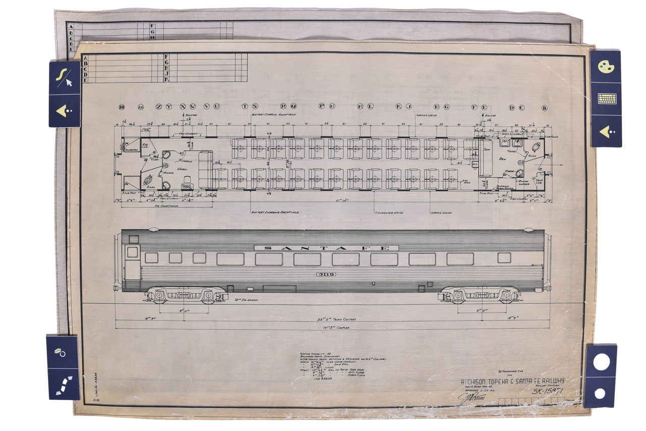 5631 - Two Original 1940 Budd Company Santa Fe Railroad Passenger Car and Mail Car Drawings thumbnail