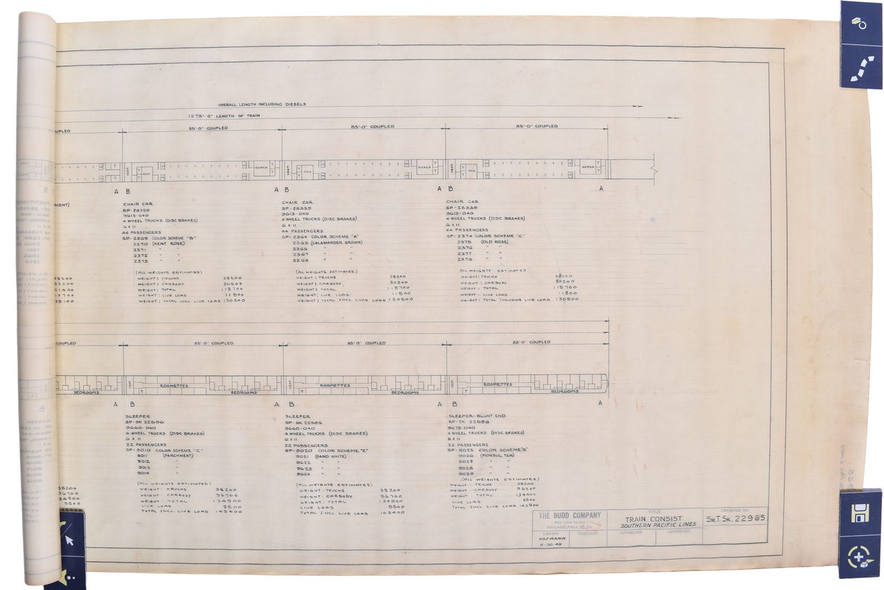 5635 - Original 1949 Budd Company Southern Pacific Railroad Trainset Consist Drawing thumbnail