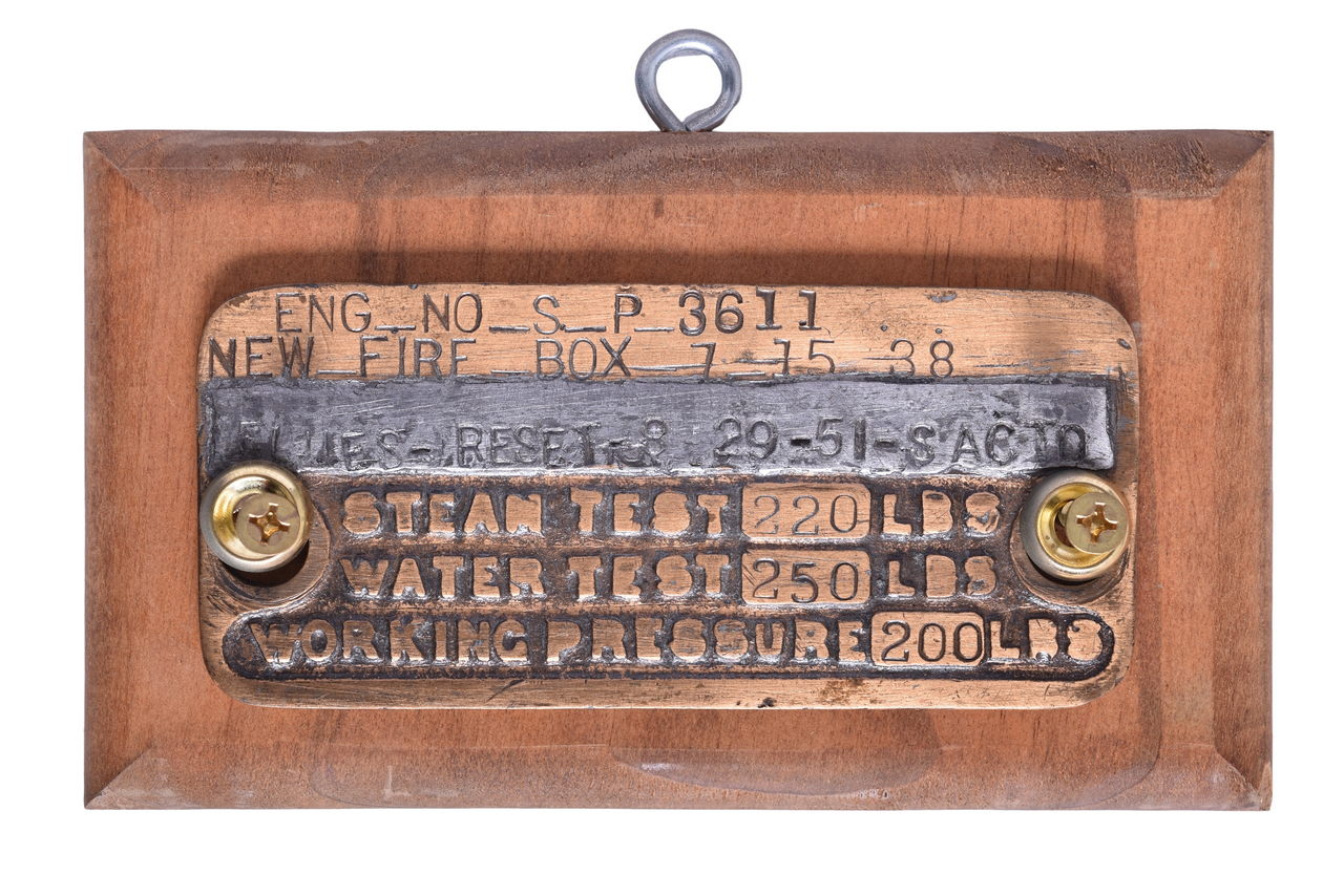 5651 - Southern Pacific Railroad #3611 2-10-2 Steam Locomotive Brass Backhead Boiler Plate thumbnail