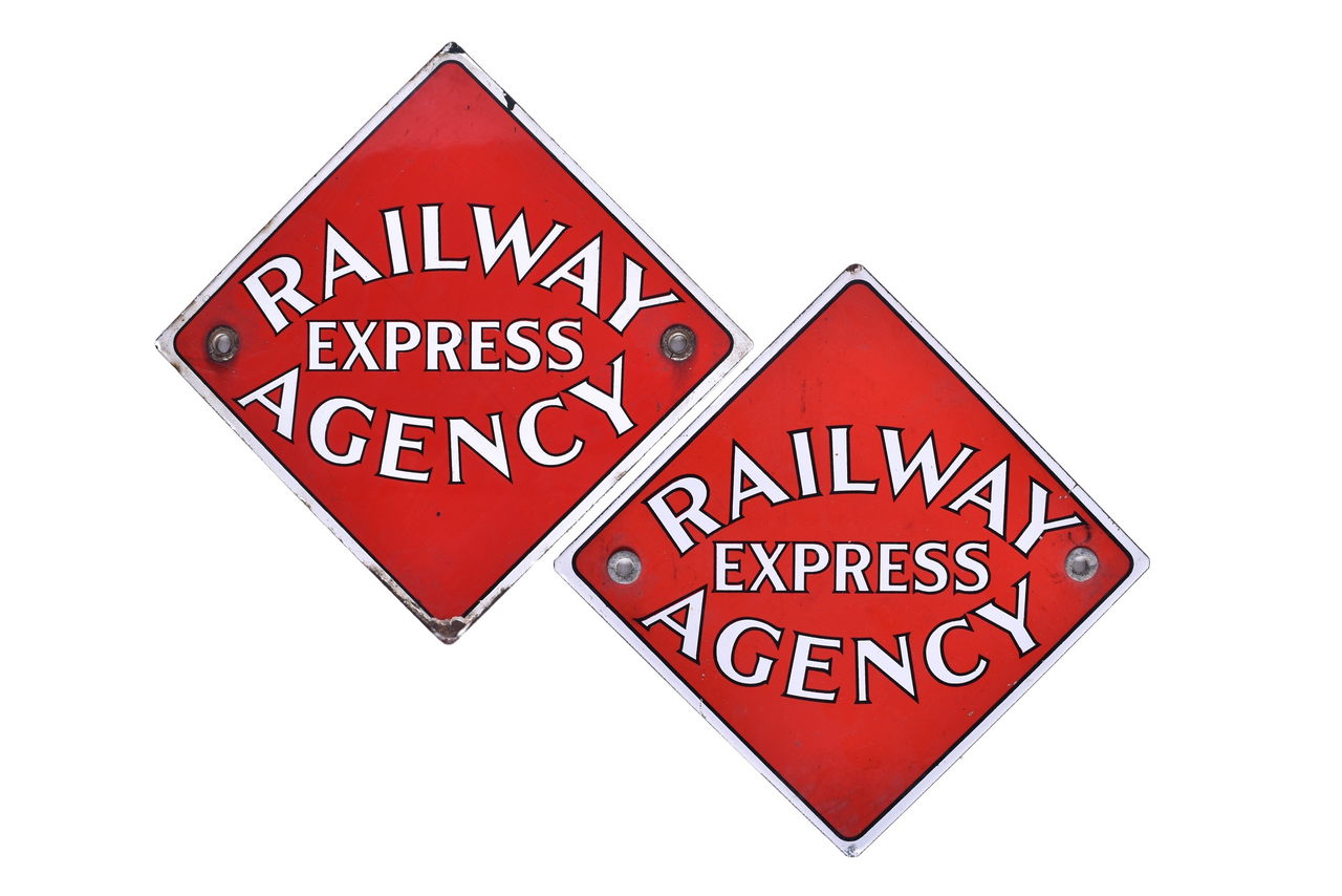 5671 - Pair of Porcelain Railway Express Agency Baggage Cart End Signs thumbnail