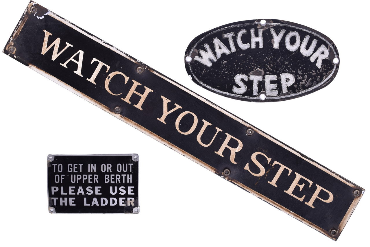 5674 - Three Railroad Passenger Car Signs - Porcelain Watch Your Step, Pullman, and Upper Berth thumbnail