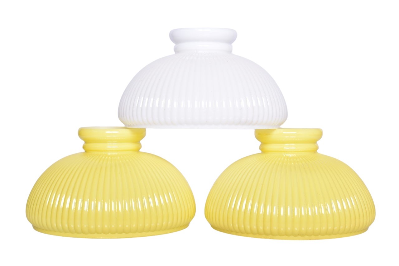 5684 - Three Aladdin Oil Lamp Milk Glass Ribbed Shades - Yellow and White thumbnail