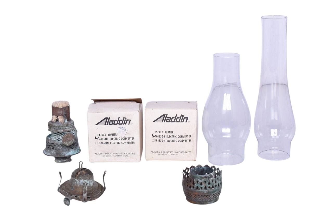 5688 - Lamp Parts Group - Aladdin Electric Converters, Glass Chimneys, Model B Burner, and Oil Gallery thumbnail
