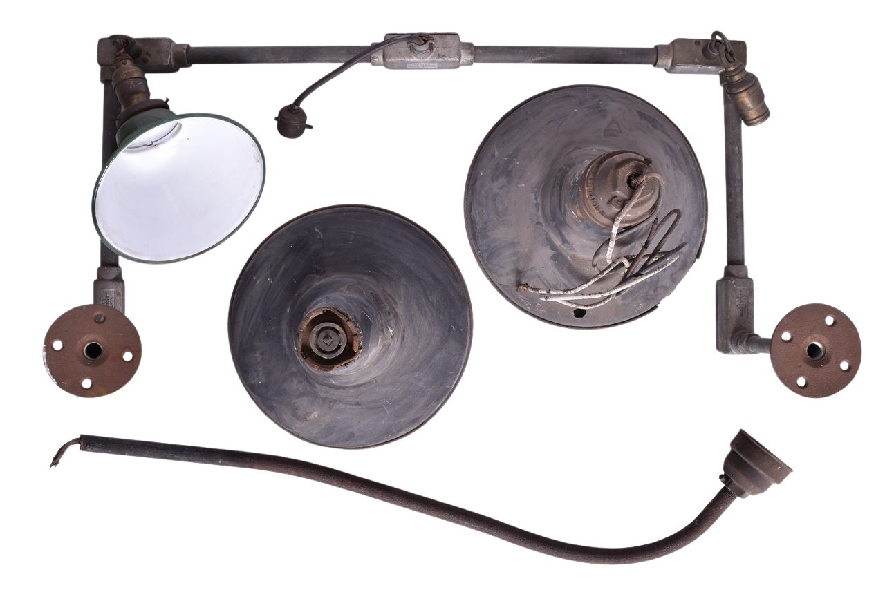 5693 - Group of Green Enamel Industrial Shop Pendant Light Lamps w/ Porcelain Shades and Hanging Brackets from Baltimore and Ohio Depot thumbnail