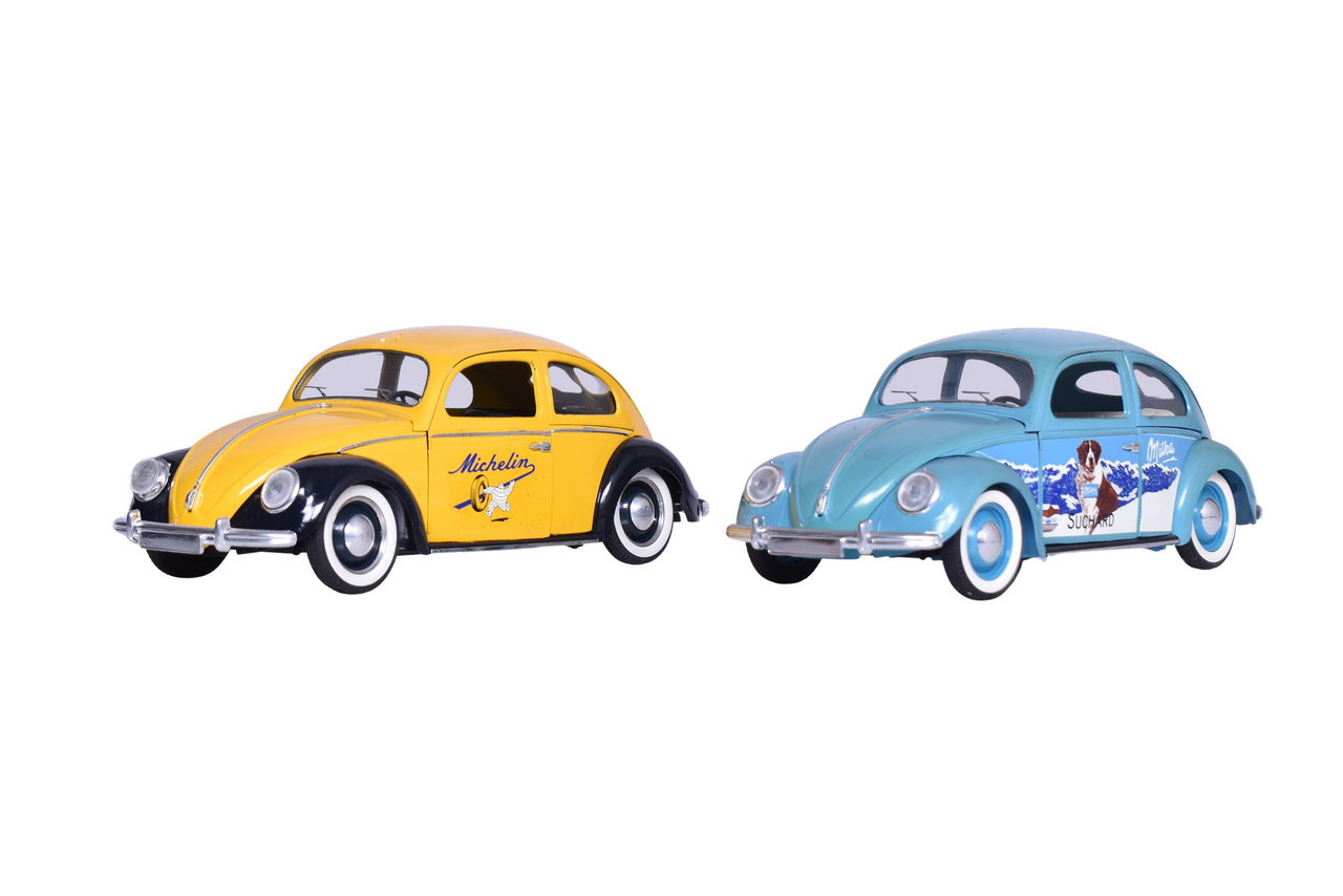 3020 - Two Solido 1:17 Die Cast 1949 Volkswagen Coccinelle Model Cars with Custom Advertising thumbnail
