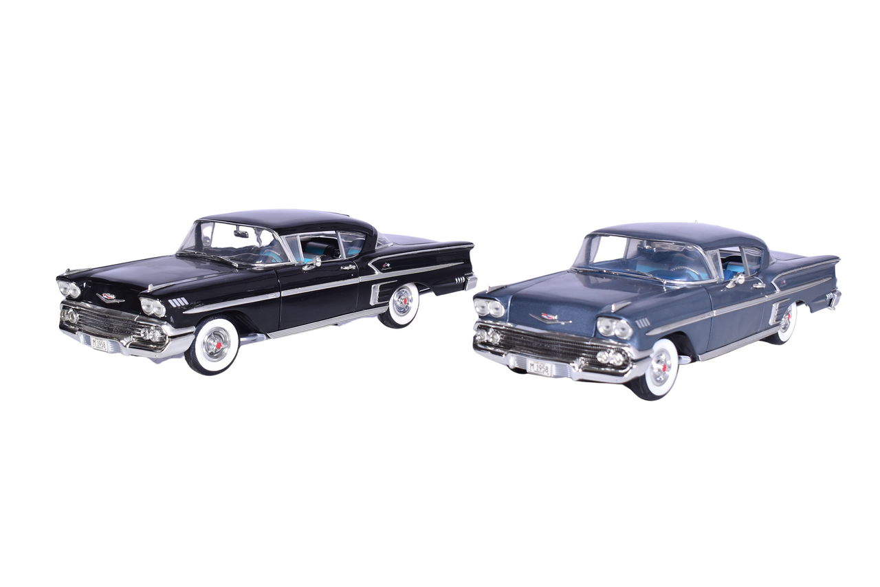 3032 - Pair of American Muscle 1:18 Die Cast 1958 Chevy Impala - Charcoal Metallic and Silver Blue thumbnail