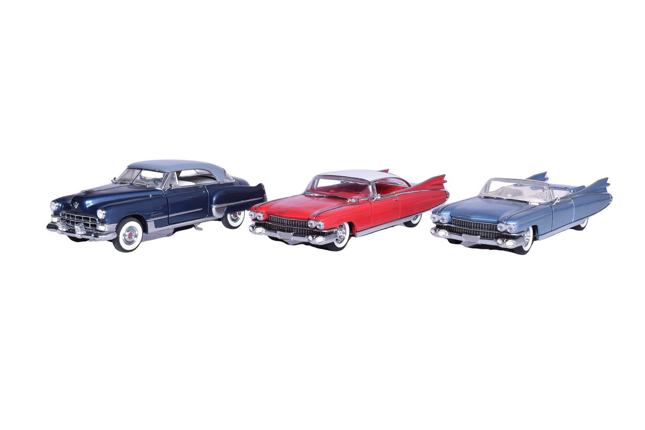 3080 - Three Franklin Mint 1:24 Die Scale Models - 1949, 1959 Chevrolet Cadillac Coupe De Ville, Seville thumbnail