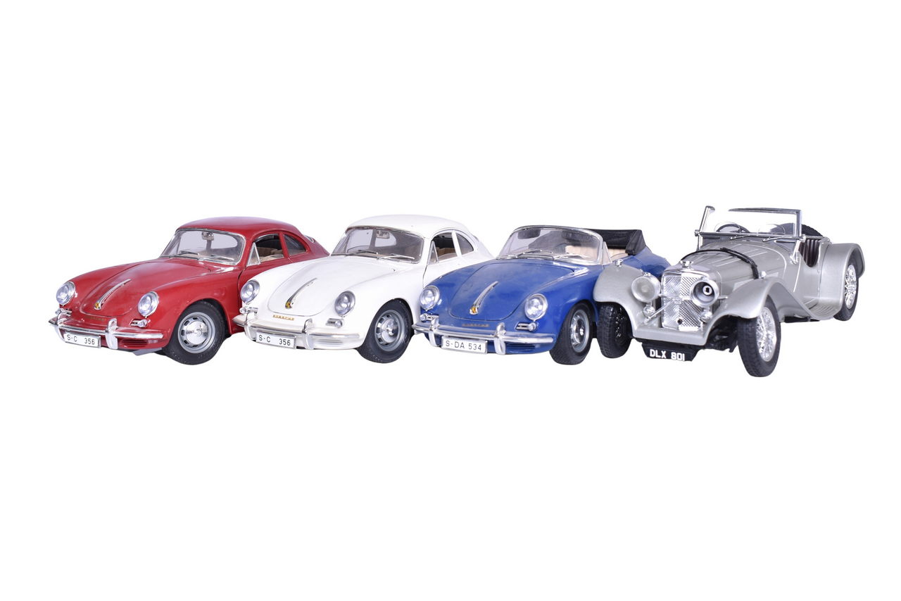 3186 - Four Burago Porsche and Jaguar SS 100 1:18 Die Cast Models thumbnail