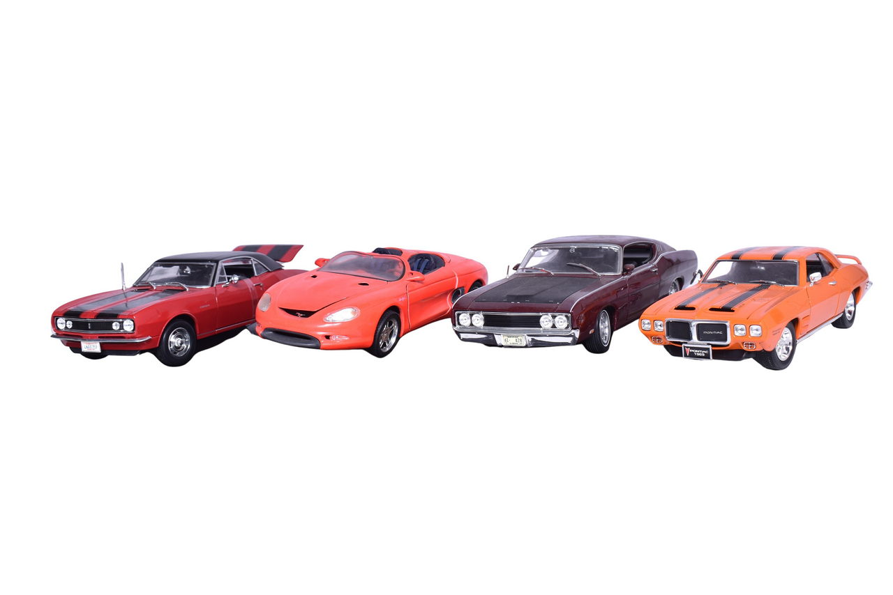 3192 - Four 1:18 Die Cast Muscle Car Models - 1969 Ford Torino Talladega, 1969 Pontiac Firebird, Chevy Camaro, and Mustang Mach III thumbnail