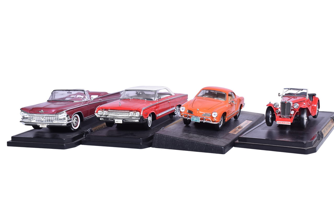 3193 - Four Road Signature 1:18 Die Cast Models - 1947 MG TC Midget, 1966 Volkswagen Karmann-Ghia, 1964 Mercury Marauder, and 1959 Buick Electra 225 thumbnail
