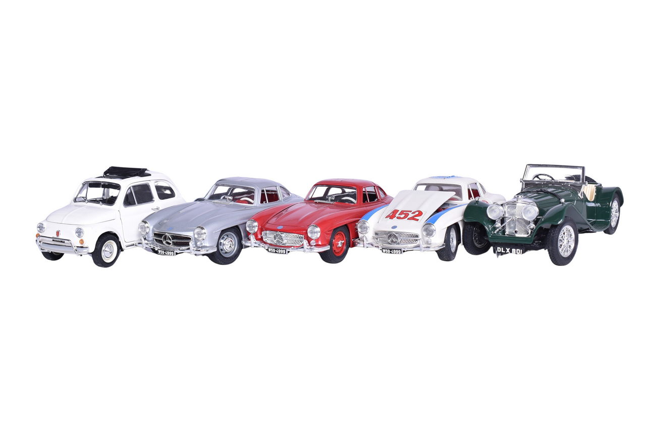 3231 - Five Burago Die Cast Mercedes-Benz, Fiat, Jaguar Models thumbnail