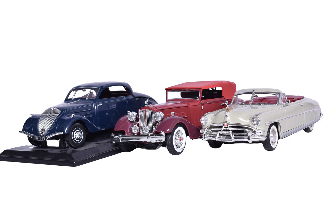 3232 - Three Highway 61, Norev, ERTL 1:18 Die Cast Hudson Hornet, Peugeot, Packard Models thumbnail